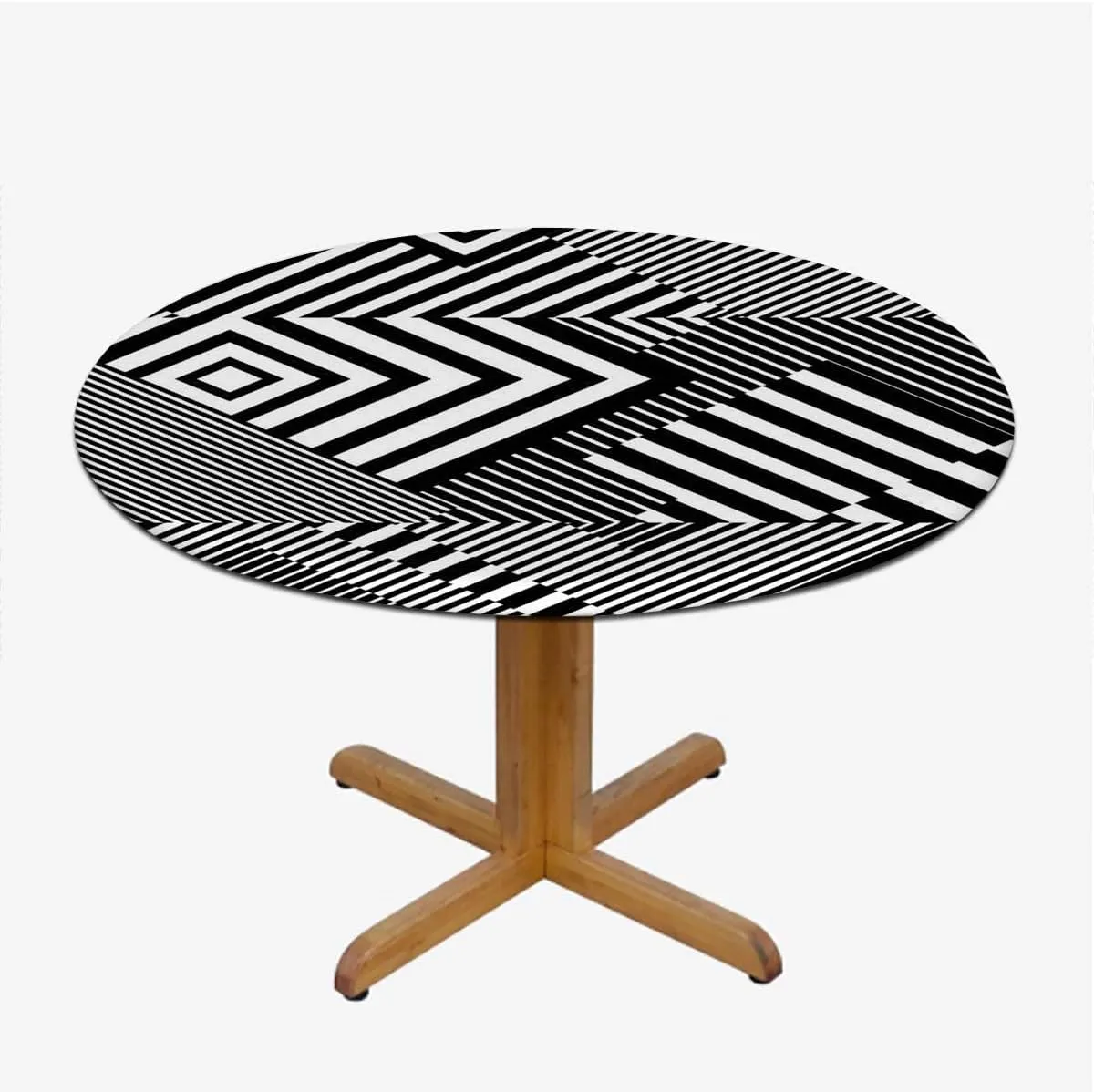 OOzie Purplegrey Black White Round Tablecloth with Elastic Edges Zigzag and Triangles Soft-Touch Fitted Table Cloth, Waterproof Oil-Proof Table Cover Crossing Stripes Fits up 45"-50" Diameter Tables