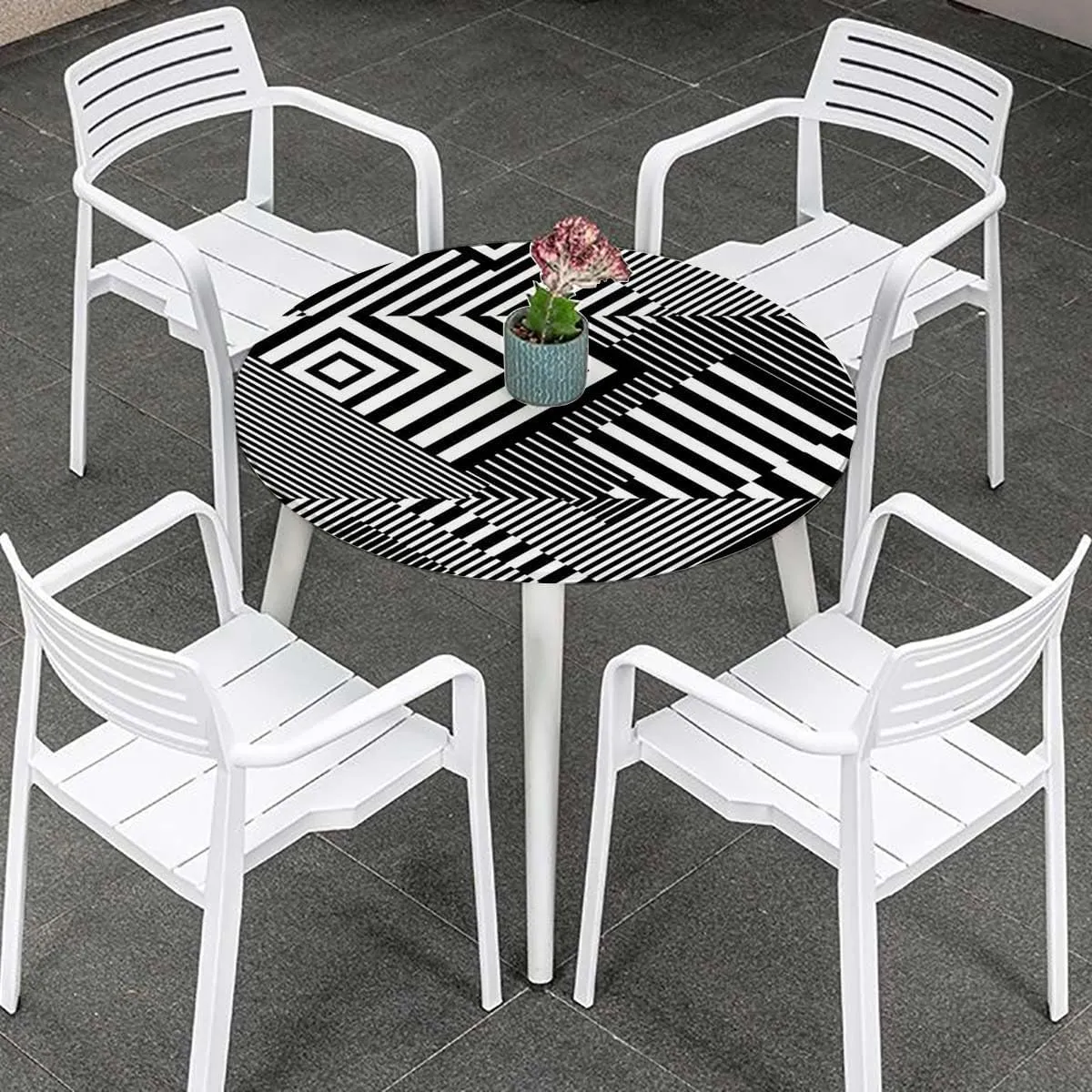 OOzie Purplegrey Black White Round Tablecloth with Elastic Edges Zigzag and Triangles Soft-Touch Fitted Table Cloth, Waterproof Oil-Proof Table Cover Crossing Stripes Fits up 45"-50" Diameter Tables