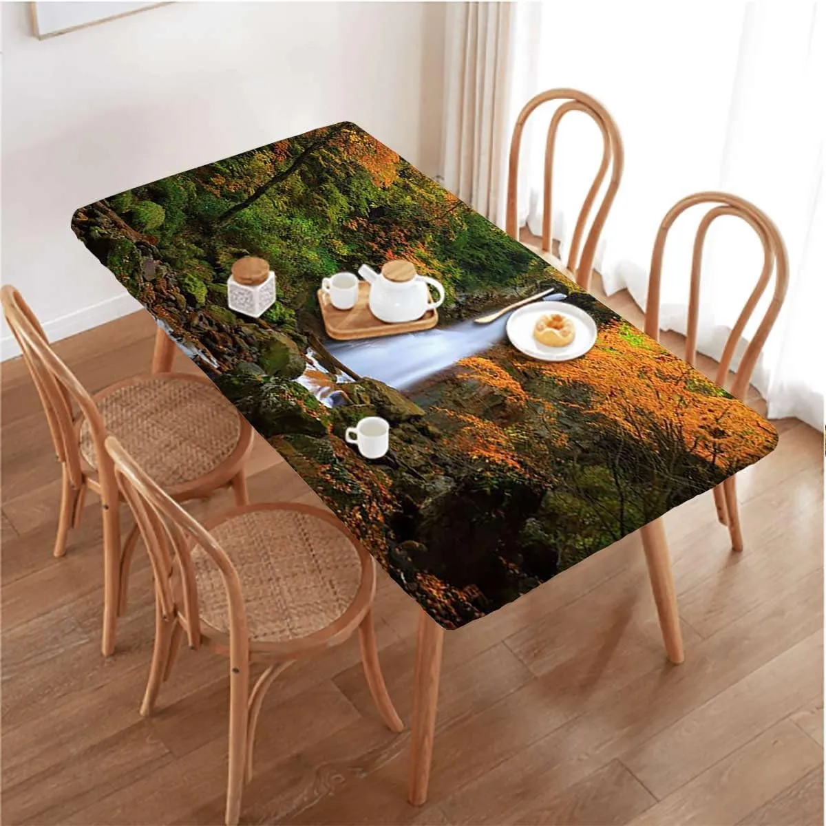 Orange Brown Rectangle Table Cloth Cover, Cascade Pouring Over Steep Stones Washable Spill Proof Table Covers Fall Scene Fits up 5 Foot Tables