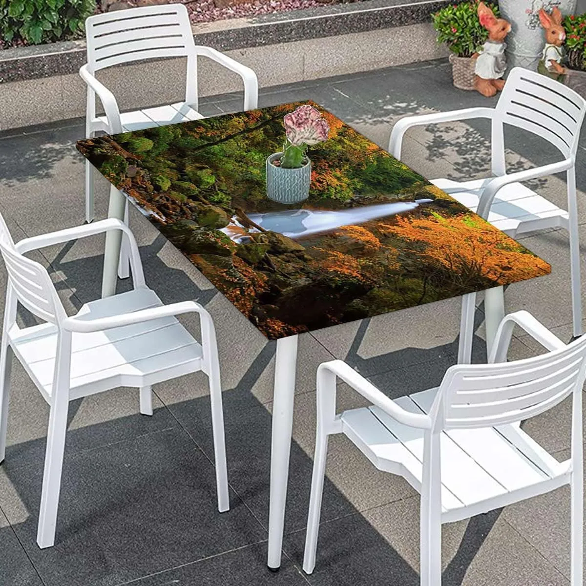 Orange Brown Rectangle Table Cloth Cover, Cascade Pouring Over Steep Stones Washable Spill Proof Table Covers Fall Scene Fits up 5 Foot Tables