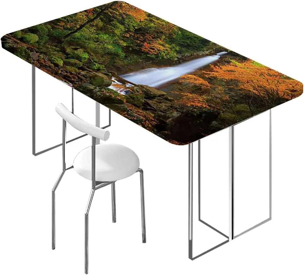 Orange Brown Rectangle Table Cloth Cover, Cascade Pouring Over Steep Stones Washable Spill Proof Table Covers Fall Scene Fits up 5 Foot Tables