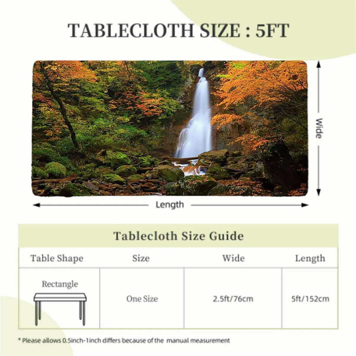Orange Brown Rectangle Table Cloth Cover, Cascade Pouring Over Steep Stones Washable Spill Proof Table Covers Fall Scene Fits up 5 Foot Tables