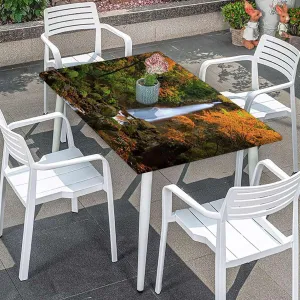 Orange Brown Rectangle Table Cloth Cover, Cascade Pouring Over Steep Stones Washable Spill Proof Table Covers Fall Scene Fits up 5 Foot Tables