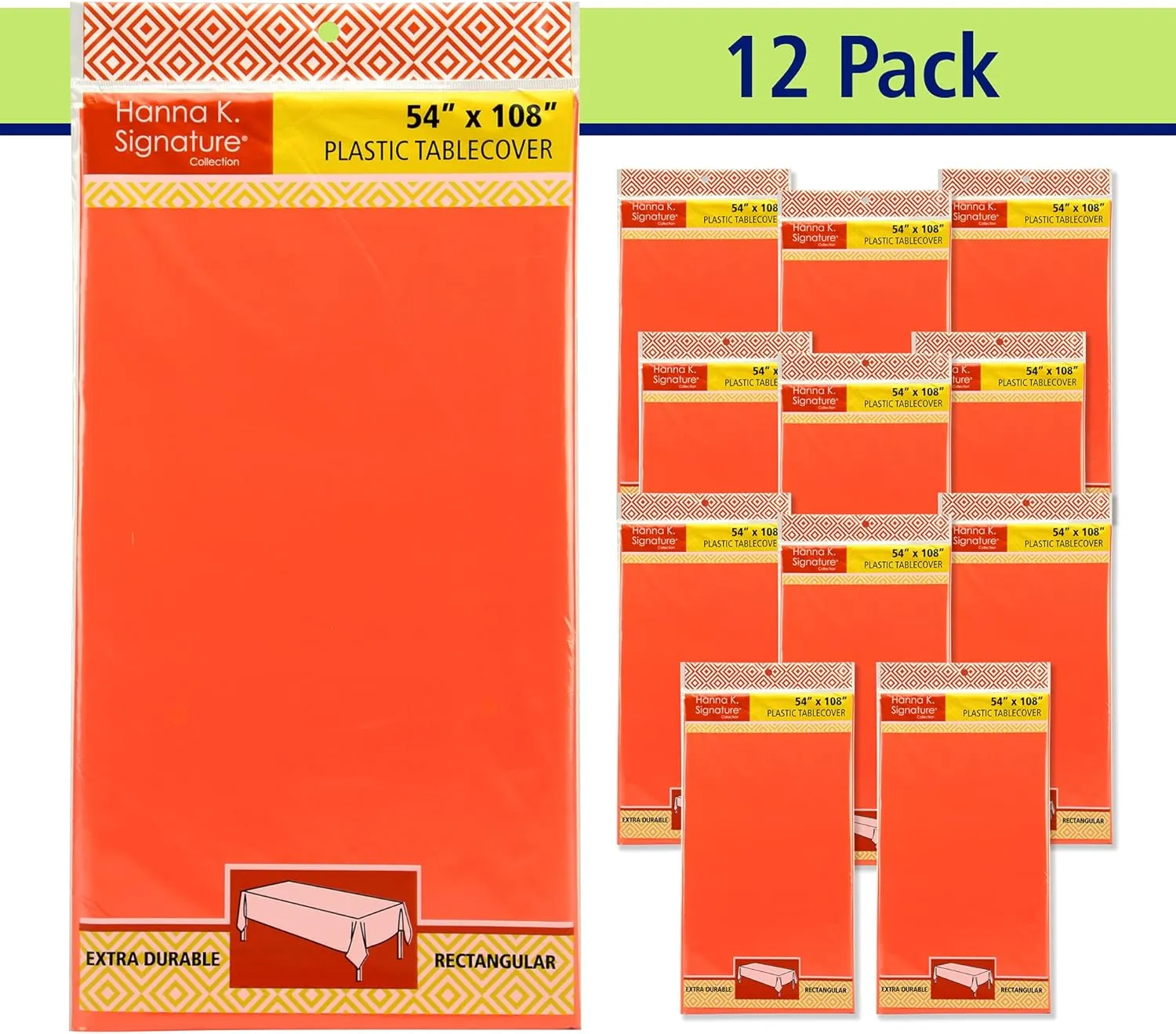Orange Tablecloth Plastic for Rectangle Tables (12 Pack) Premium Plastic Table Cloths for Parties & Weddings, Indoors/Outdoors, 54"x108" inches