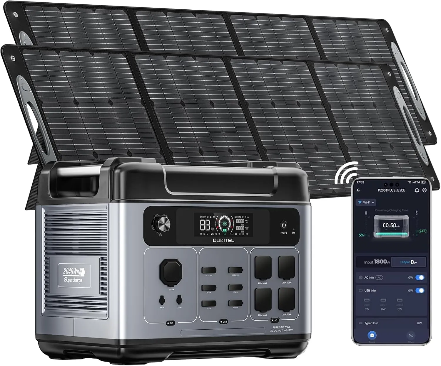 OUKITEL P2001 PLUS 2400W Power Station with 2x200W Solar Panels, 2048Wh Solar Generator(Peak 5000W) 1.5Hrs Fast Full Charging APP Control LiFePO4 Battery Backup for Camping Emergency RVs