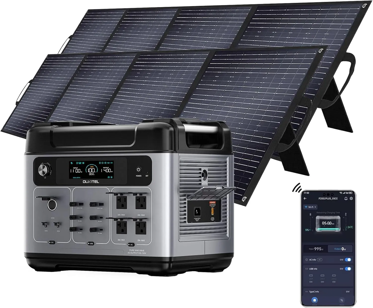 OUKITEL P2001 Plus 2400W Solar Generator with 2x200W Solar Panels, 2048Wh Solar power station, 1800W Fast Charging, Smart APP Control Emergency Power Station for Home, Camping, Outdoor Battery Backup1