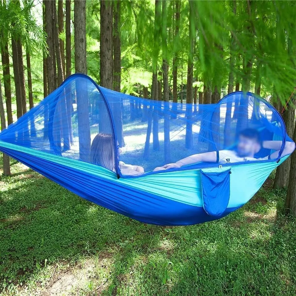Outdoor 1-2 Person Camping Hammock with Mosquito Net, Parachute Fabric Hanging Bed for Travel, Hiking, Backpacking(Blue)
