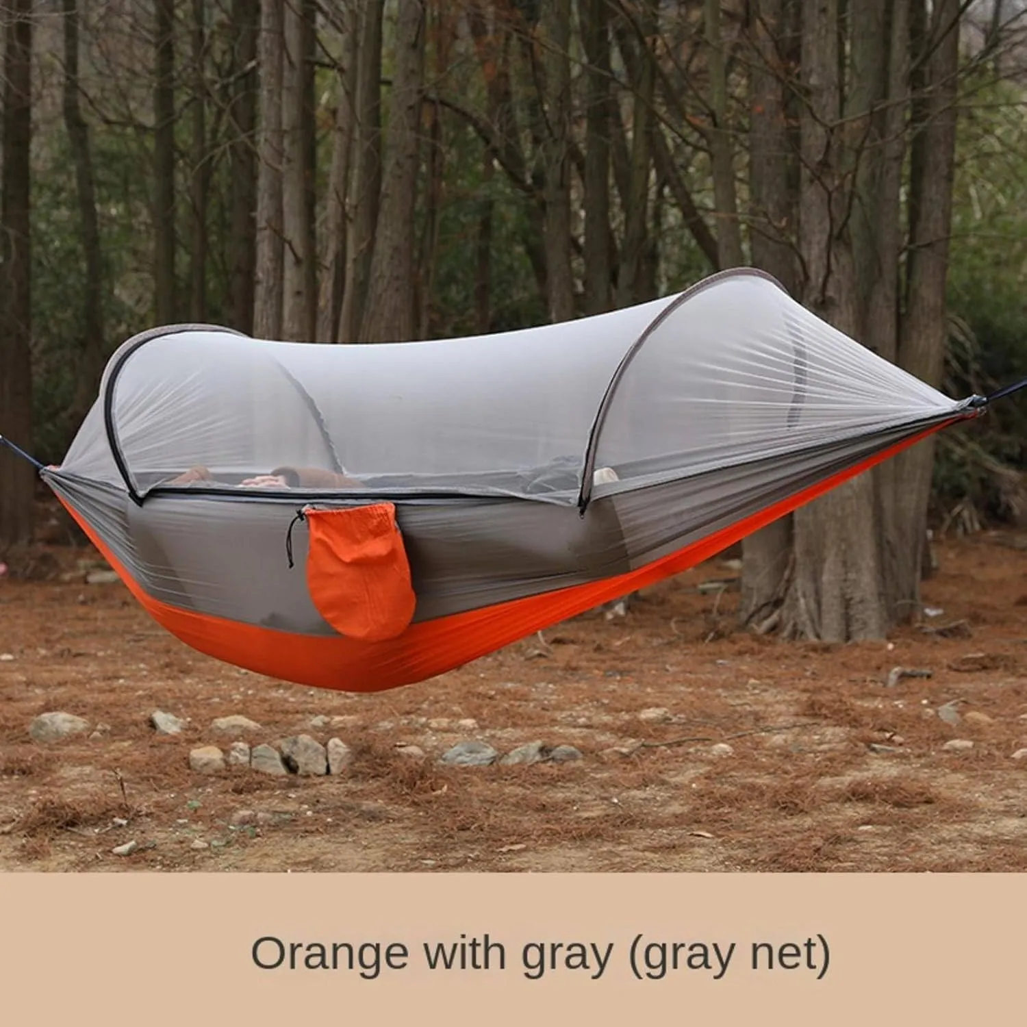Outdoor Camping Anti-flip Nylon Hammock with Mosquito net Single Double Automatic Quick unfolding Jackstay Mosquito net Hammock, 1, Orange and Gray