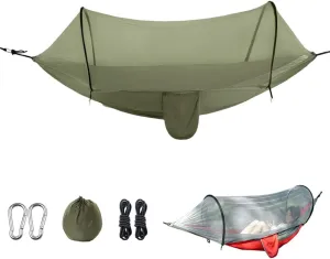 Outdoor Camping Nylon Hammock with Mosquito Net, No Installation Required, Anti-Rollover Design, Includes Support Poles