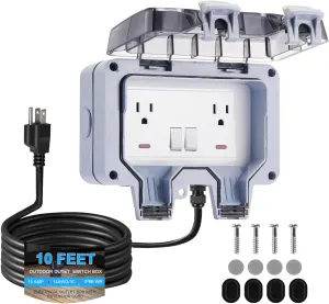 Outdoor Electrical Outlet Box with Switch & 10ft Extension Cord, NEMA 5-15R Outdoor Power Strip Weatherproof, STW 14 AWG, IP66 Waterproof Wall Power Socket with Cover, 2 Inch Deep, WRTR