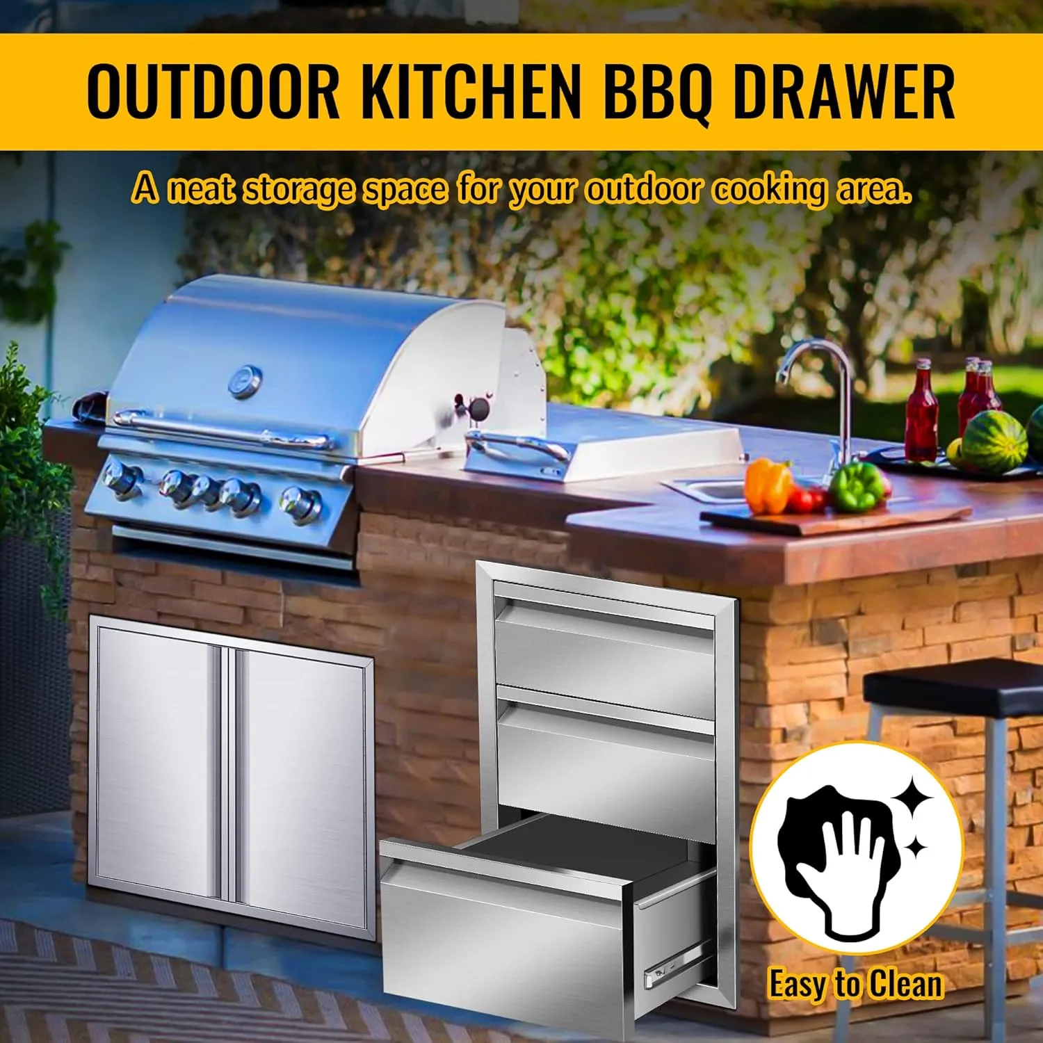 Outdoor Kitchen Drawers 18" W x 24" H x 23" D Inch Stainless Steel Flush Mount BBQ Triple Drawers for Outdoor Kitchen Island, or Patio Grill Station