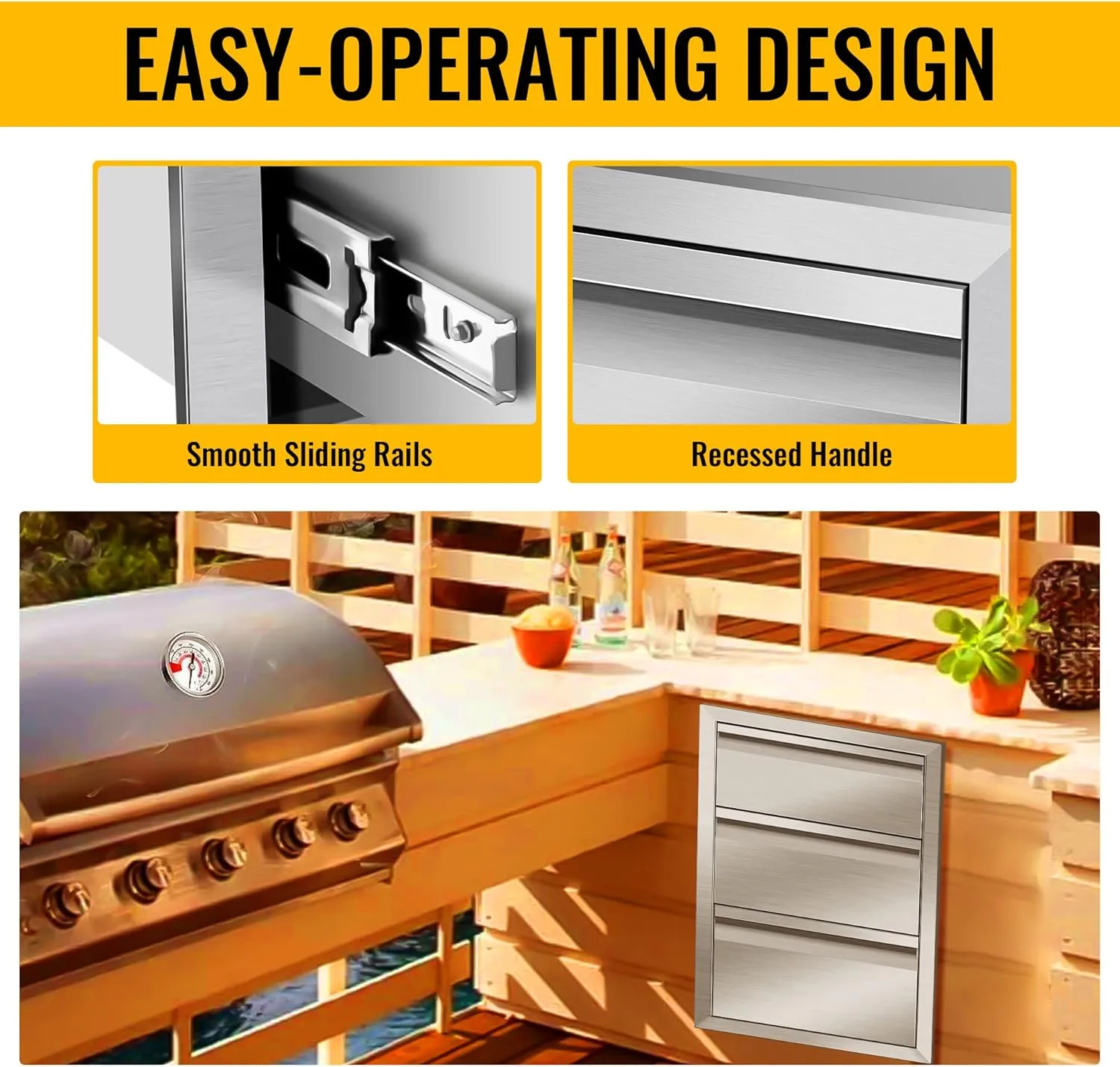 Outdoor Kitchen Drawers 18" W x 24" H x 23" D Inch Stainless Steel Flush Mount BBQ Triple Drawers for Outdoor Kitchen Island, or Patio Grill Station