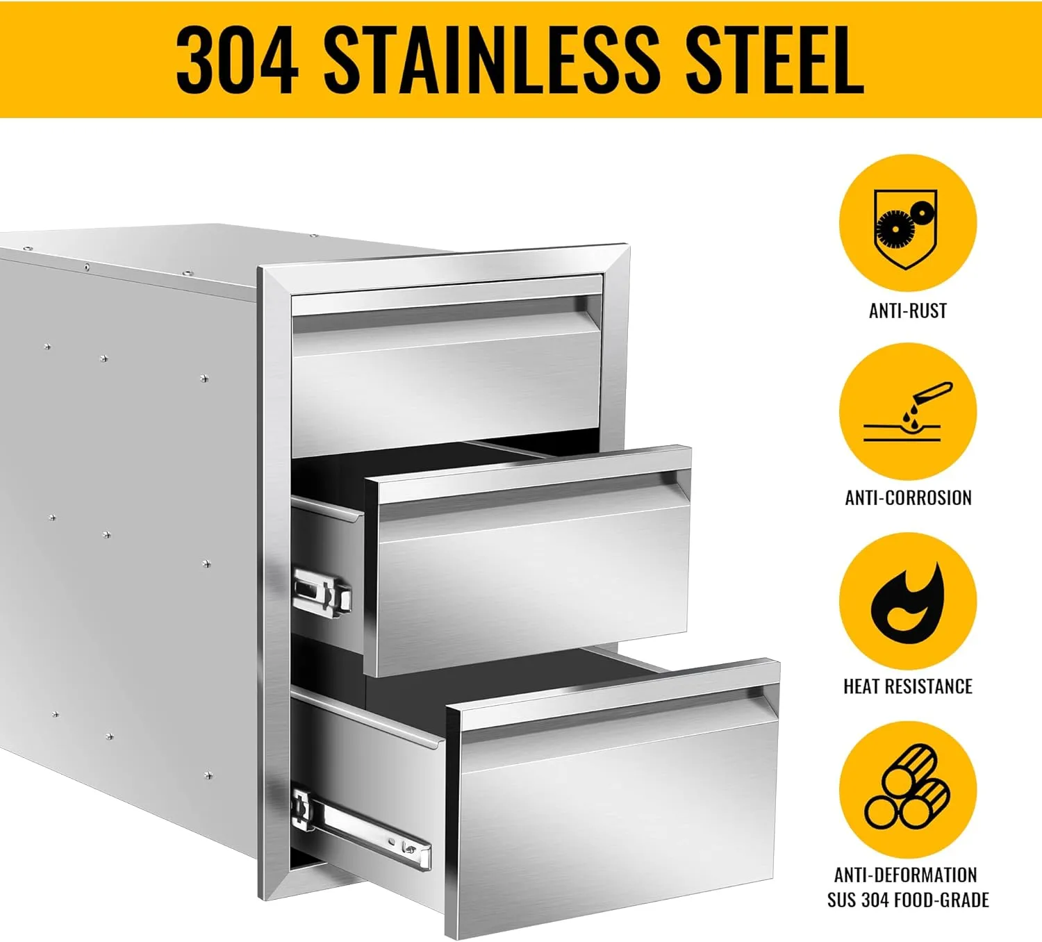 Outdoor Kitchen Drawers 18" W x 24" H x 23" D Inch Stainless Steel Flush Mount BBQ Triple Drawers for Outdoor Kitchen Island, or Patio Grill Station