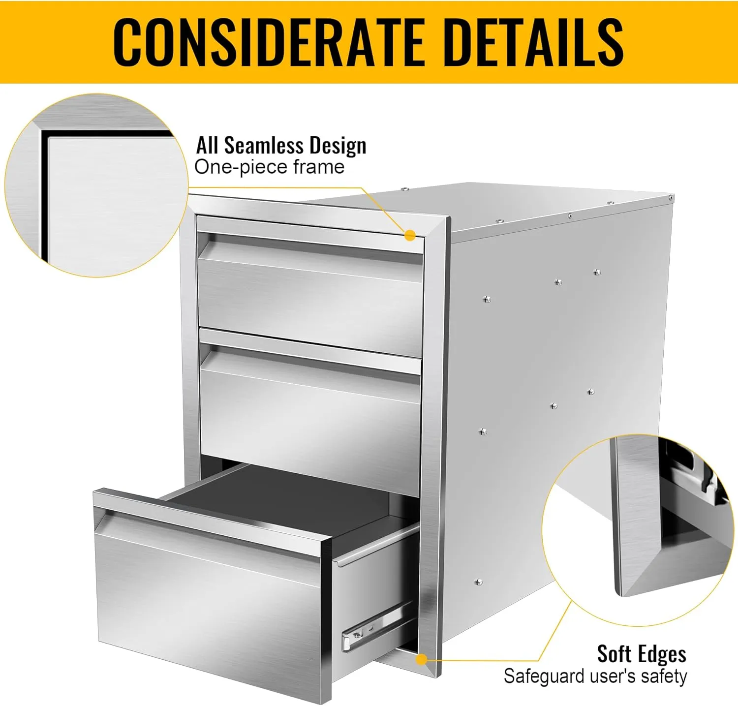 Outdoor Kitchen Drawers 18" W x 24" H x 23" D Inch Stainless Steel Flush Mount BBQ Triple Drawers for Outdoor Kitchen Island, or Patio Grill Station