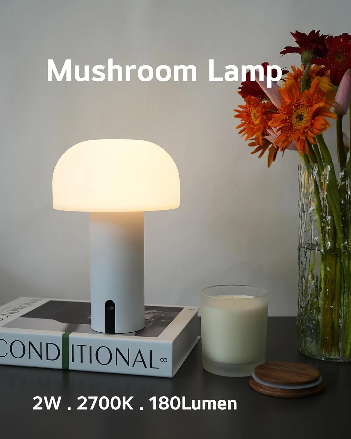 Outdoor Mushroom Table Lamp Rechargeable, Cordless Lamps for Patio Waterproof, Portable Battery Operated Lamp with USB Charging, Touch Dimming Night Light for Home/Porch/Restaurant (White)