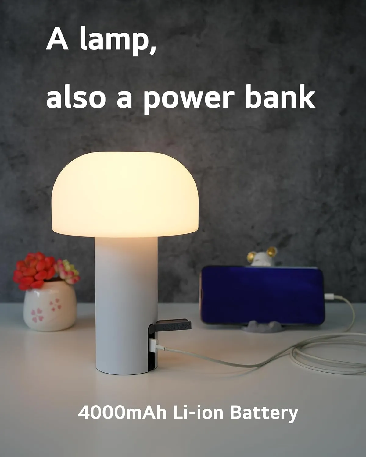 Outdoor Mushroom Table Lamp Rechargeable, Cordless Lamps for Patio Waterproof, Portable Battery Operated Lamp with USB Charging, Touch Dimming Night Light for Home/Porch/Restaurant (White)