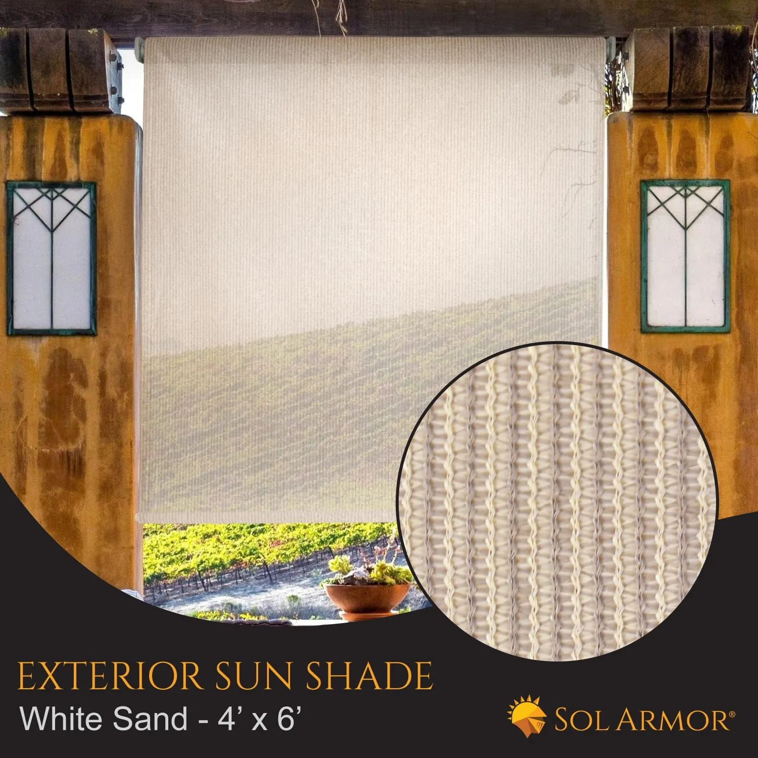 Outdoor Patio Roll Up Shade for Use on Exterior Porch, Patio, Window and More | High Density Polyethylene Privacy Screen Blocks 84% of UV Rays | Hardware Included | 4 ft Wide | White Sand