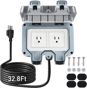 Outdoor Power Outlet Box with 32.8Ft Extension Cord, NEMA 5-15R, STW 14 AWG, Weatherproof Waterproof IP66 Electrical Outlet Extender, Exterior Wall Power Socket w/Cover for Garden