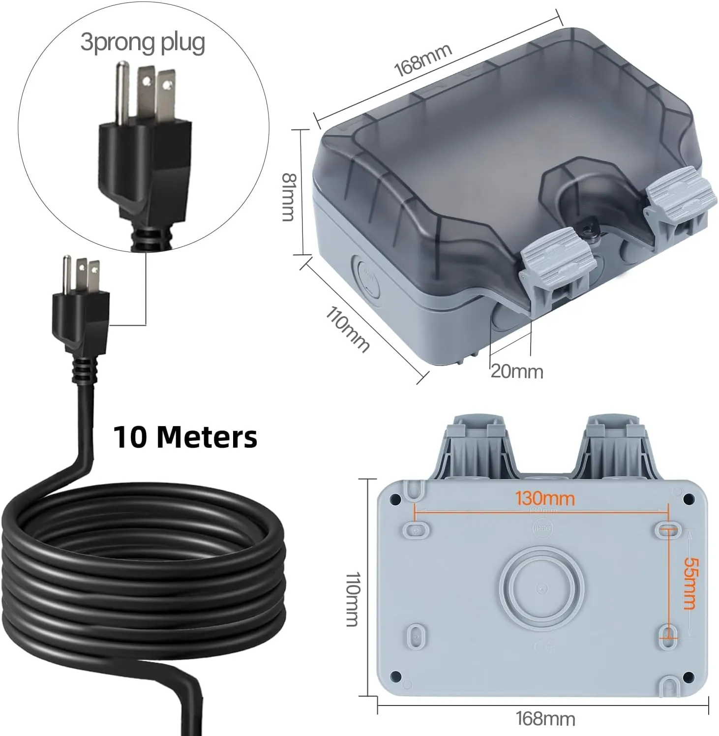 Outdoor Power Outlet Box with 32.8Ft Extension Cord, NEMA 5-15R, STW 14 AWG, Weatherproof Waterproof IP66 Electrical Outlet Extender, Exterior Wall Power Socket w/Cover for Garden
