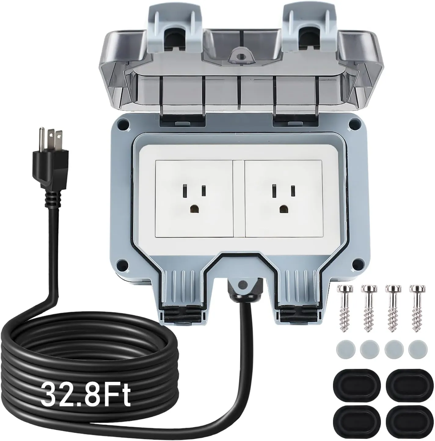 Outdoor Power Outlet Box with 32.8Ft Extension Cord, NEMA 5-15R, STW 14 AWG, Weatherproof Waterproof IP66 Electrical Outlet Extender, Exterior Wall Power Socket w/Cover for Garden