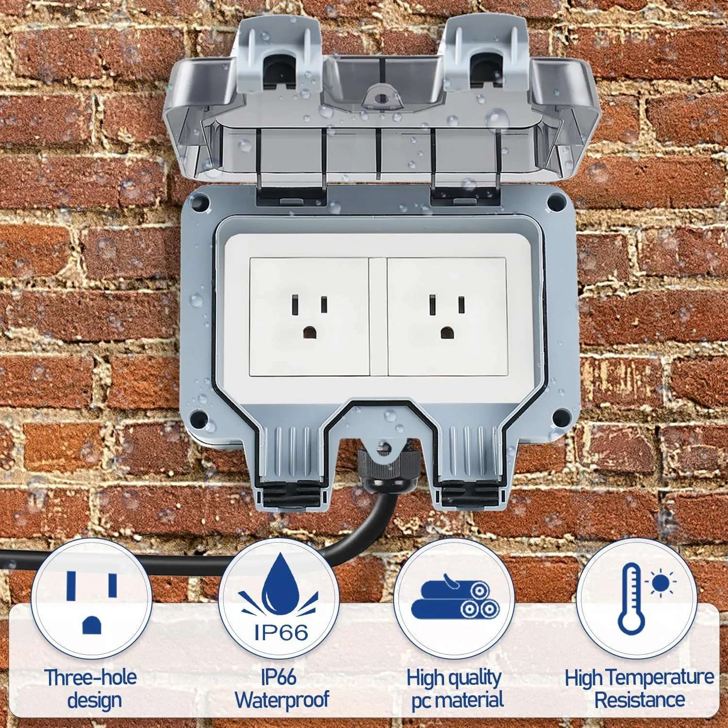Outdoor Power Outlet Box with 32.8Ft Extension Cord, NEMA 5-15R, STW 14 AWG, Weatherproof Waterproof IP66 Electrical Outlet Extender, Exterior Wall Power Socket w/Cover for Garden