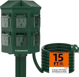 Outdoor Power Stake with 15ft Extension Cord Waterproof, Outdoor Power Strip with Covers, 6 Grounded Outlets for Christmas Lights, 15A/1875W, ETL Listed