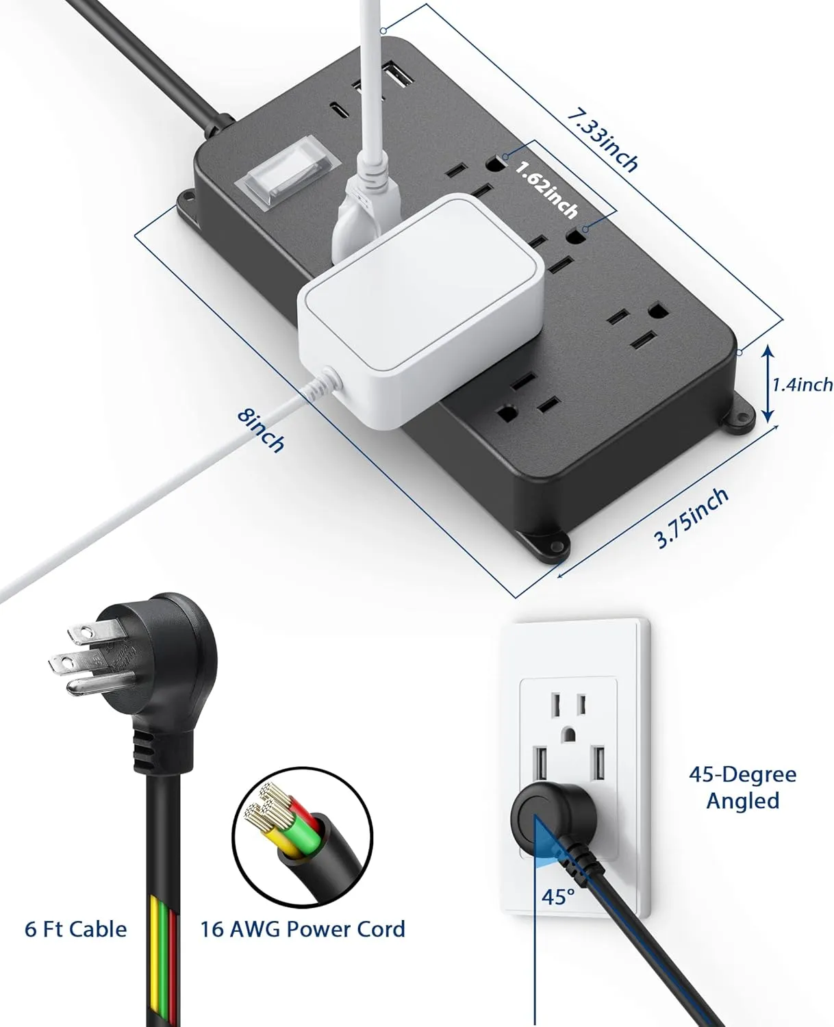 Outdoor Power Strip Weatherproof,20W USB C Port,Waterproof Extension Cord Multiple Outlet Surge Protector,6 Outlets,3 USB Ports,6ft Cord