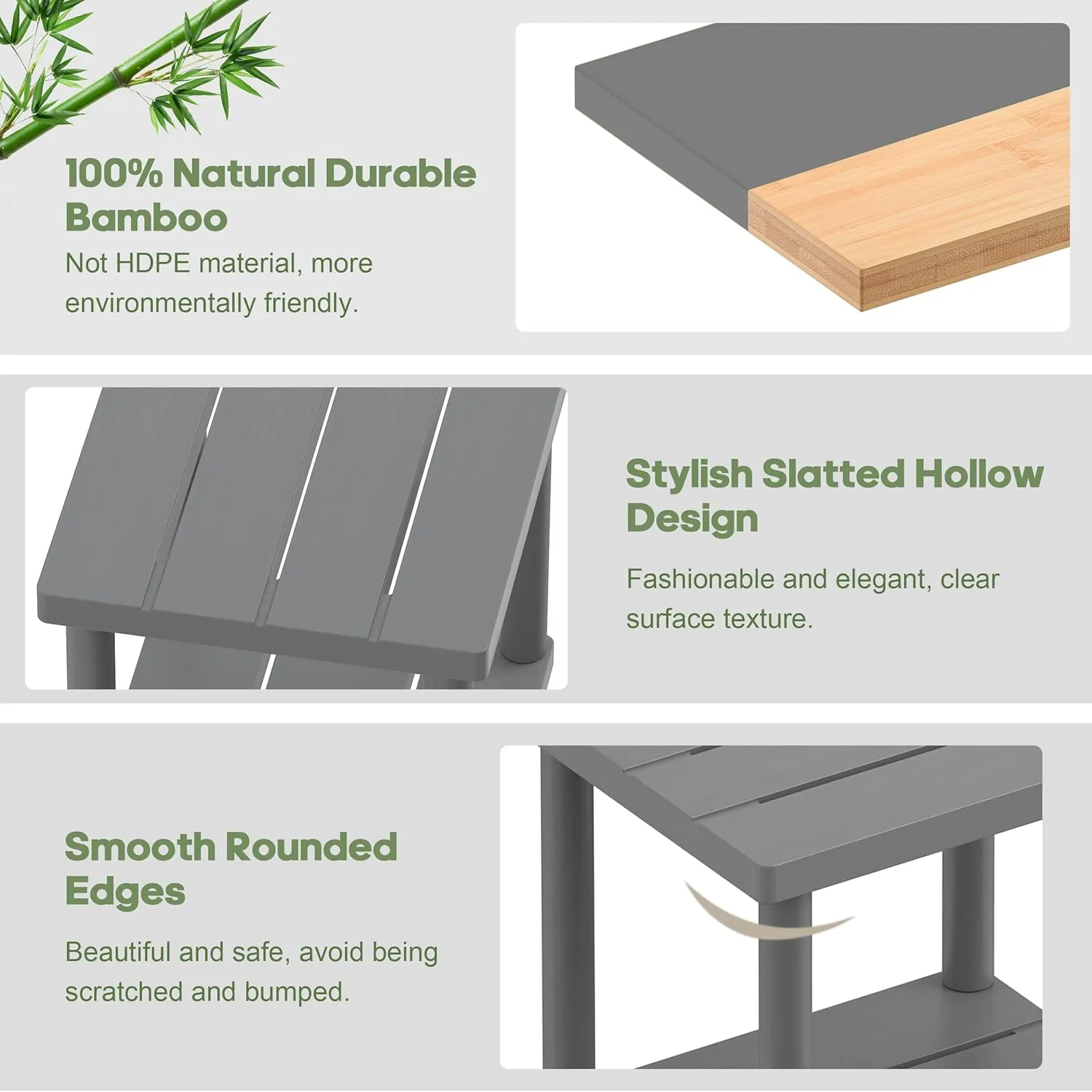 Outdoor Side Table, 2-Tier Small Outdoor Table for Patio, Adirondack Side Tables for Outside or Indoor, Bamboo End Table for Pool, Porch, Weather Resistant Easy Maintenance-Gray