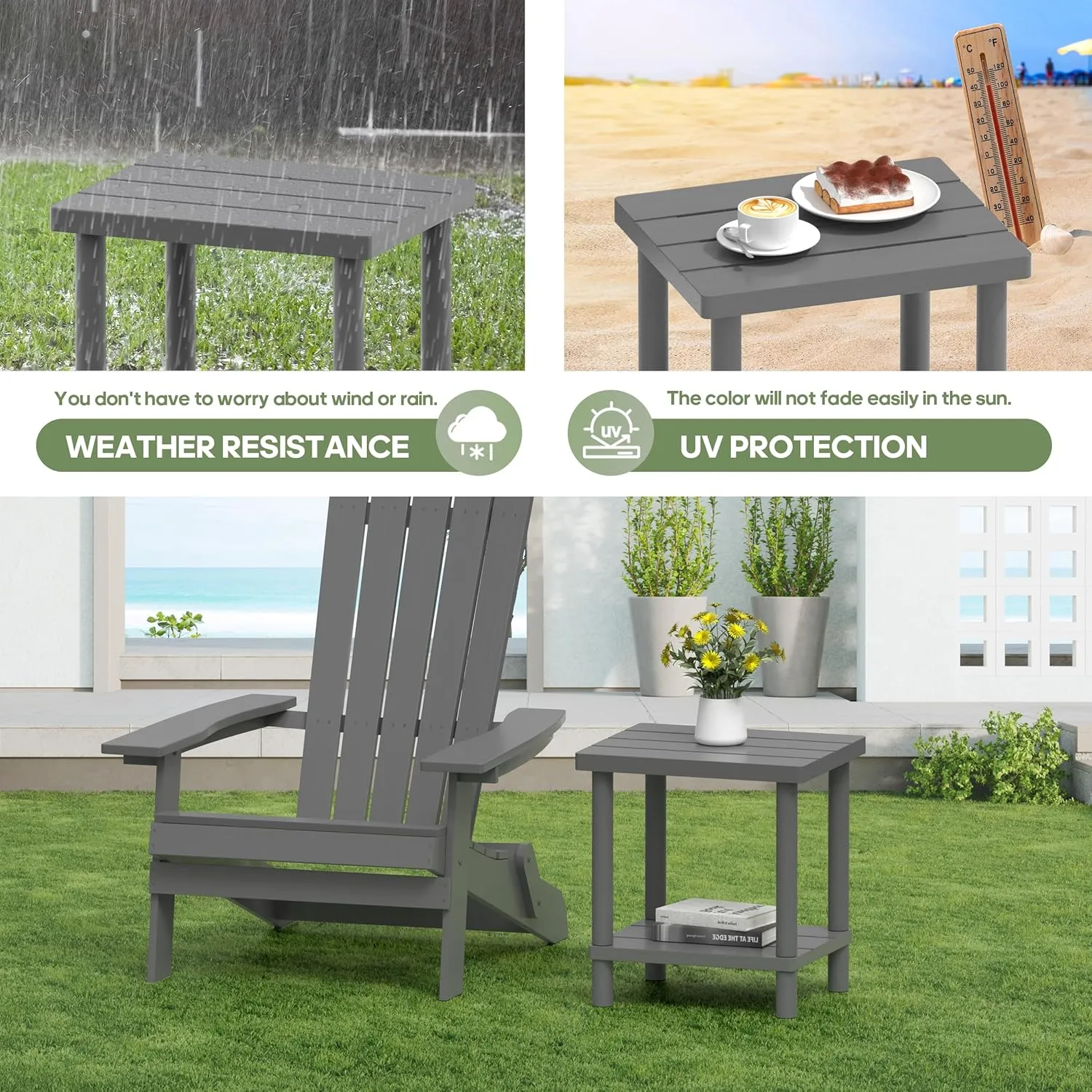 Outdoor Side Table, 2-Tier Small Outdoor Table for Patio, Adirondack Side Tables for Outside or Indoor, Bamboo End Table for Pool, Porch, Weather Resistant Easy Maintenance-Gray