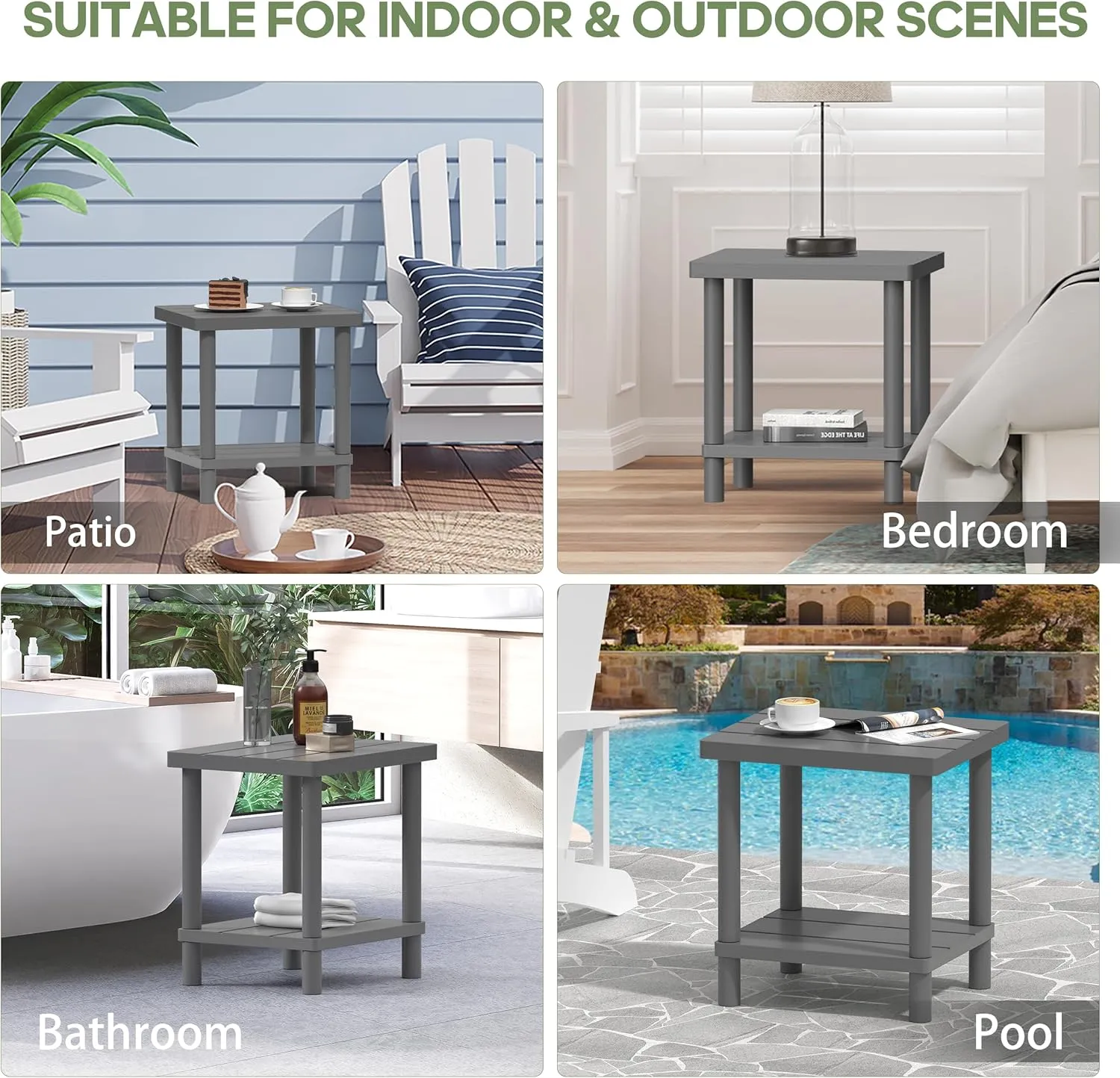 Outdoor Side Table, 2-Tier Small Outdoor Table for Patio, Adirondack Side Tables for Outside or Indoor, Bamboo End Table for Pool, Porch, Weather Resistant Easy Maintenance-Gray