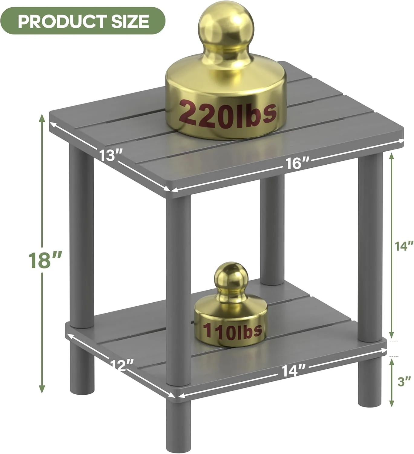 Outdoor Side Table, 2-Tier Small Outdoor Table for Patio, Adirondack Side Tables for Outside or Indoor, Bamboo End Table for Pool, Porch, Weather Resistant Easy Maintenance-Gray