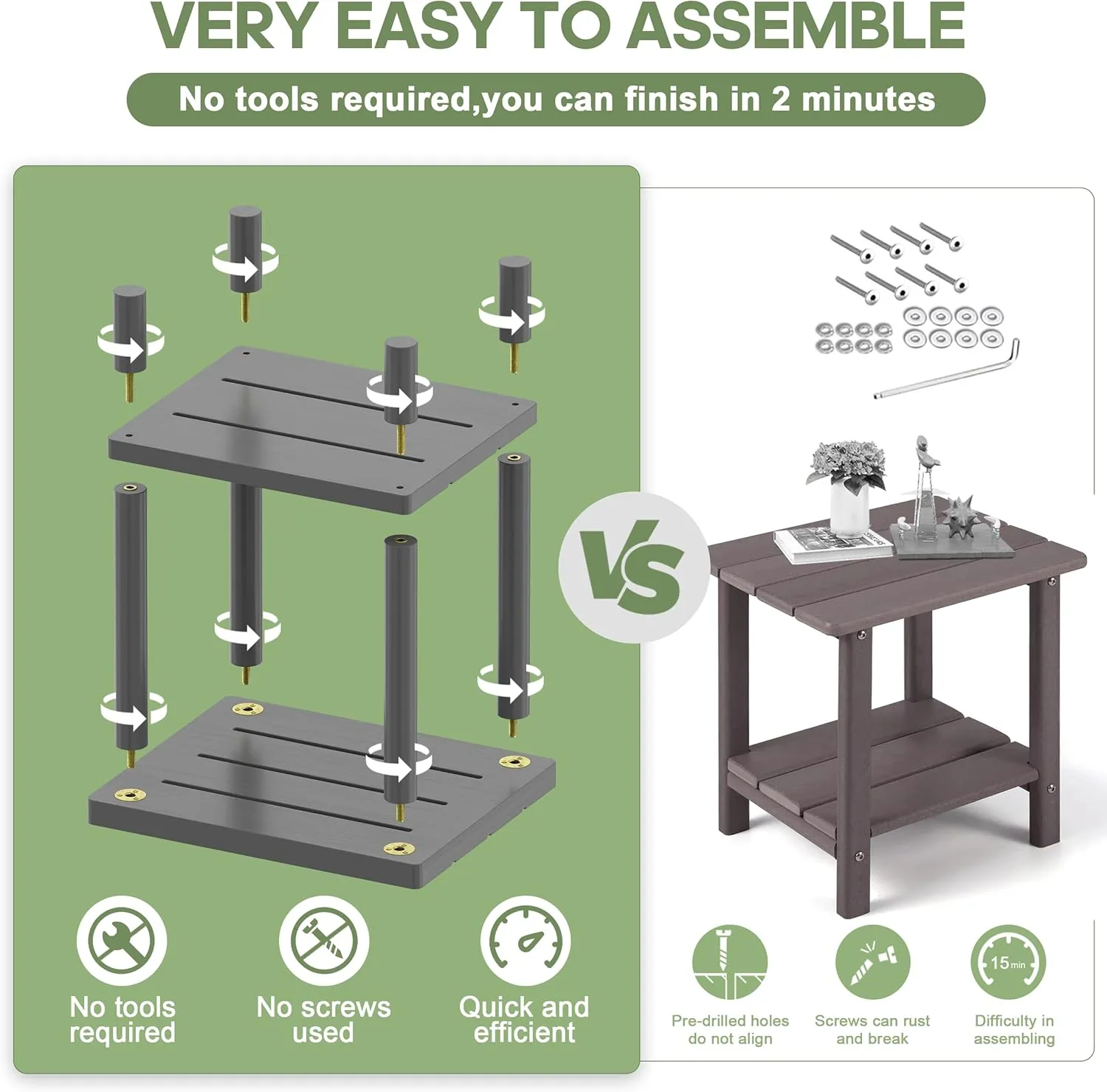 Outdoor Side Table, 2-Tier Small Outdoor Table for Patio, Adirondack Side Tables for Outside or Indoor, Bamboo End Table for Pool, Porch, Weather Resistant Easy Maintenance-Gray