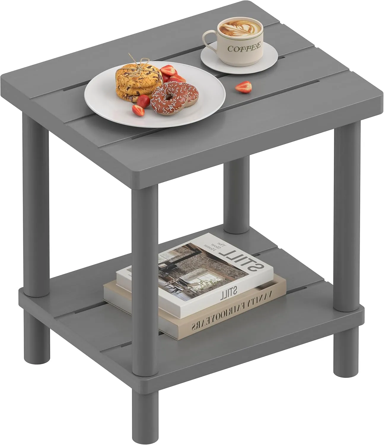Outdoor Side Table, 2-Tier Small Outdoor Table for Patio, Adirondack Side Tables for Outside or Indoor, Bamboo End Table for Pool, Porch, Weather Resistant Easy Maintenance-Gray
