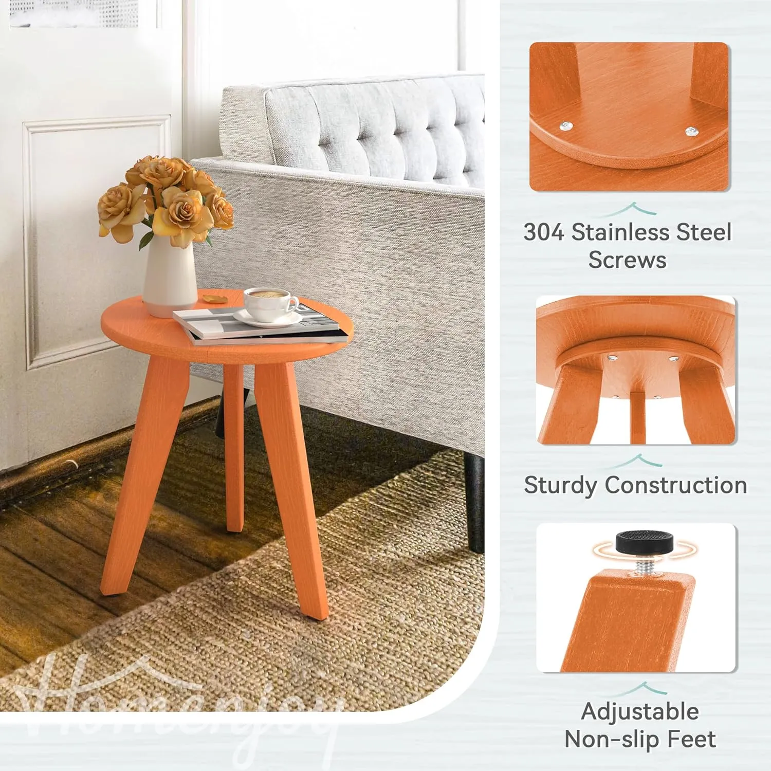 Outdoor Side Table, HDPE Outdoor Table, Small Round Side Table Weather-Resistant, Outdoor Side Tables for Patio, Porch, Deck, End Table for Plant Stand, Living Room, Bedroom, Orange
