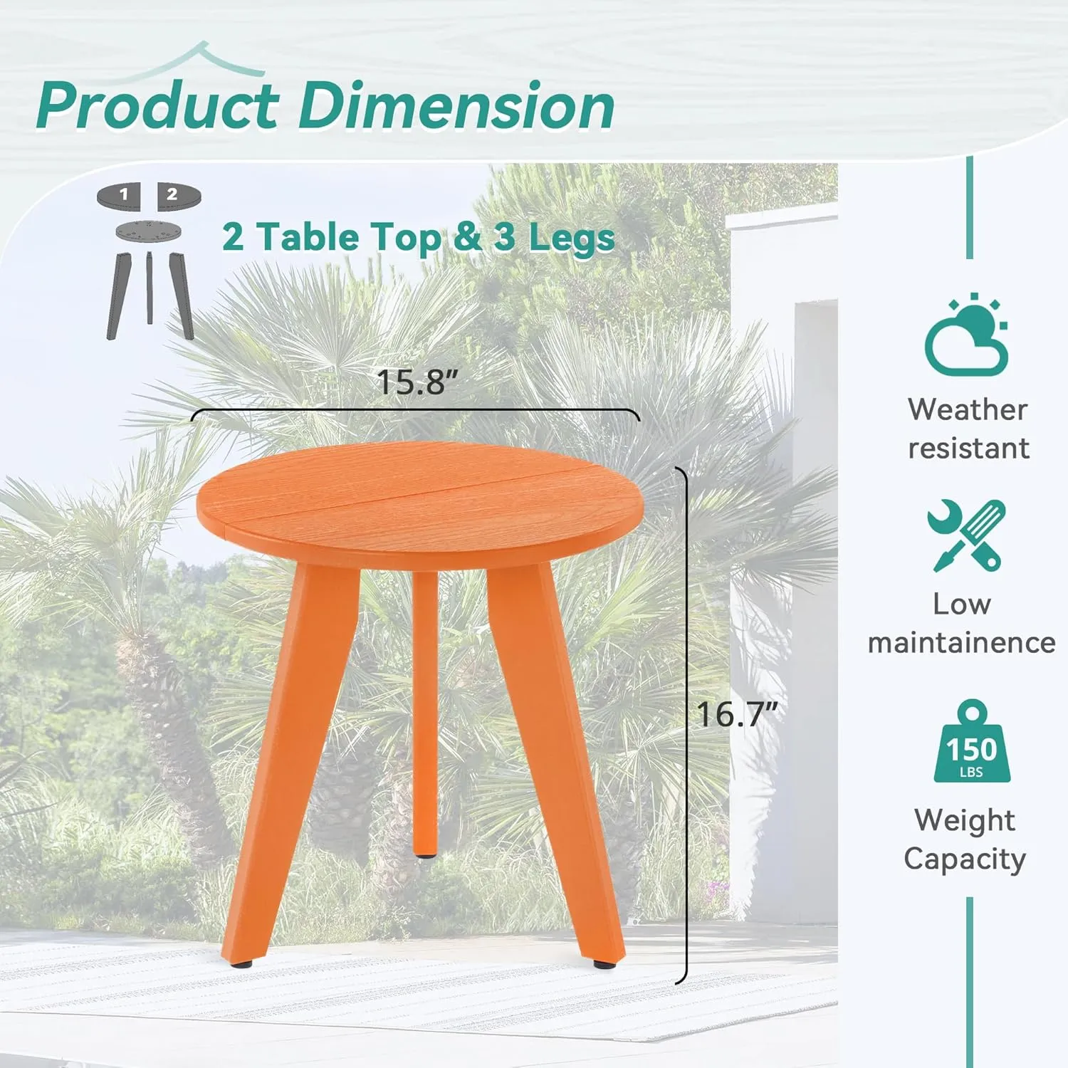 Outdoor Side Table, HDPE Outdoor Table, Small Round Side Table Weather-Resistant, Outdoor Side Tables for Patio, Porch, Deck, End Table for Plant Stand, Living Room, Bedroom, Orange