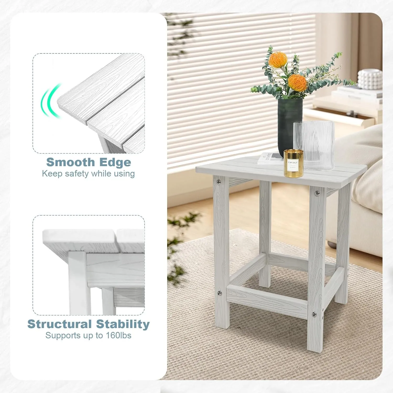 Outdoor Side Table, HDPS Single Adirondack Side Table Weather Resistant, Outdoor Table for Adirondack Chair, Outside End Table for Patio, Pool, Deck, Porch, Outdoor or Indoor Use, White