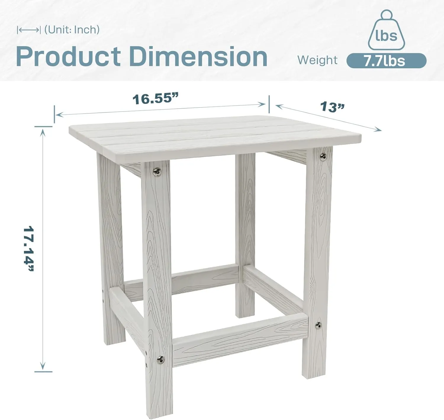 Outdoor Side Table, HDPS Single Adirondack Side Table Weather Resistant, Outdoor Table for Adirondack Chair, Outside End Table for Patio, Pool, Deck, Porch, Outdoor or Indoor Use, White
