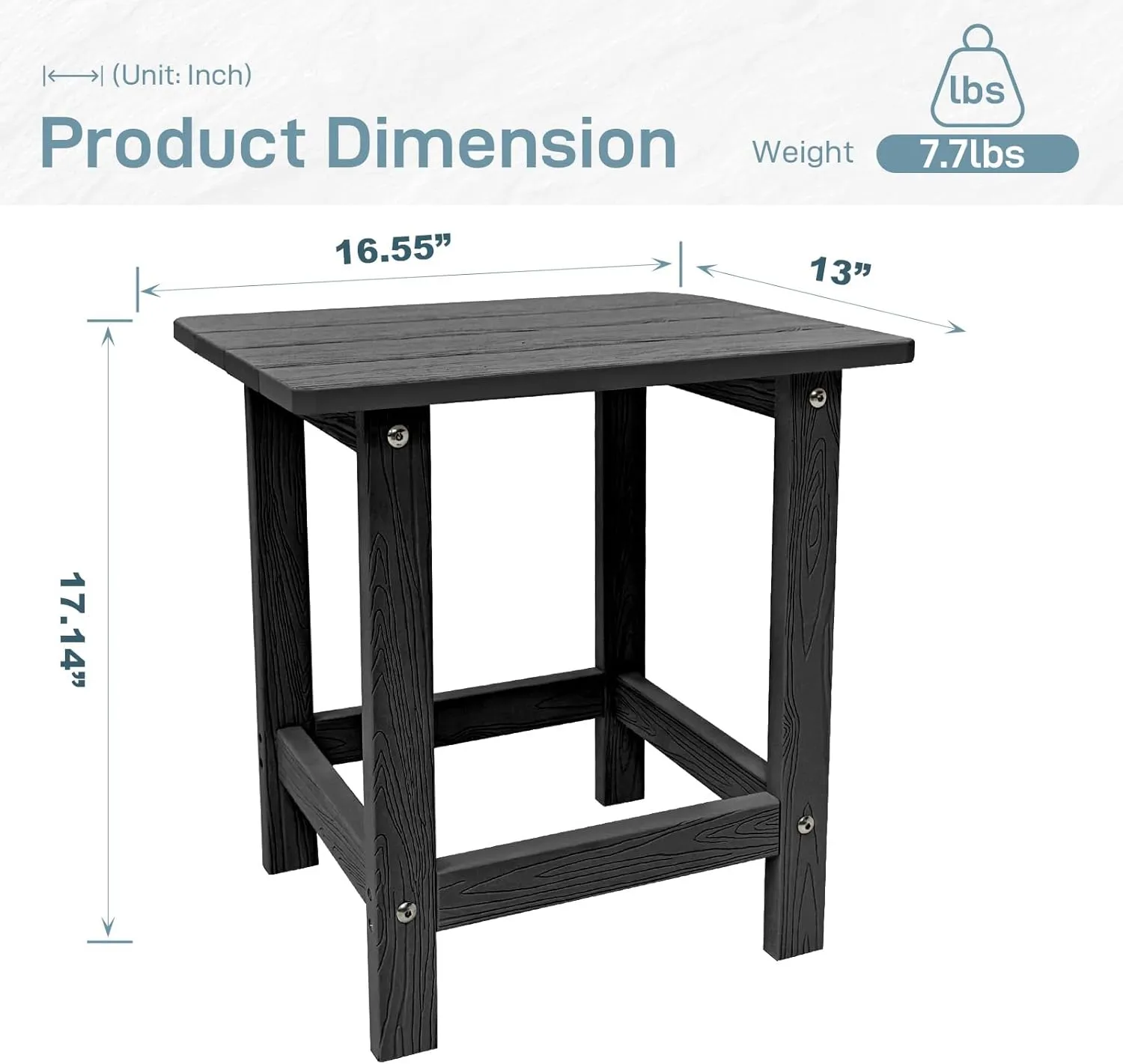 Outdoor Side Table, HDPS Single Adirondack Side Table Weather Resistant, Outside Table for Adirondack Chair, Outside End Table for Patio, Pool, Deck, Porch, Patio or Indoor Use, Black