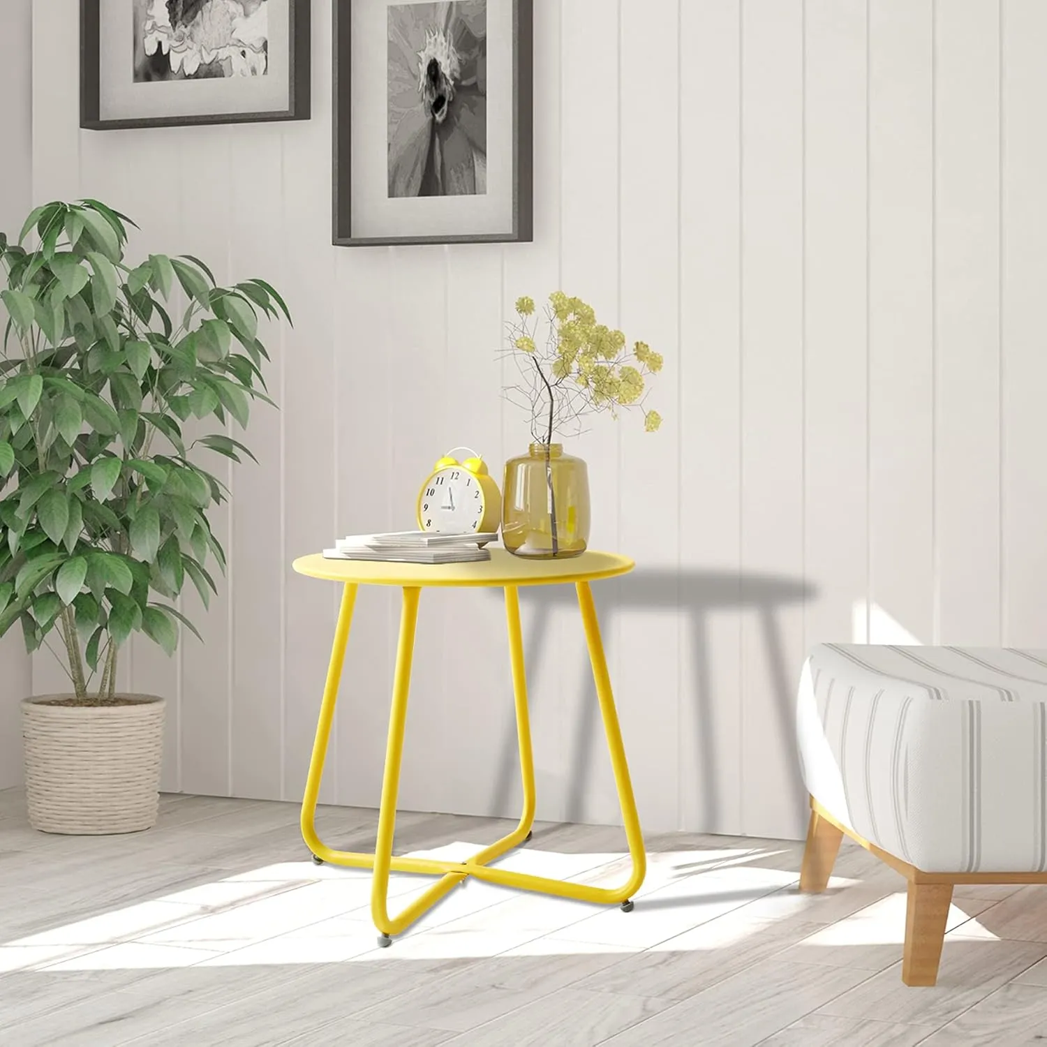 Outdoor Table Small Patio Side Table Waterproof Round Metal Side Table Weather Resistant Portable Outdoor and Indoor End Table for Garden, Balcony, Yard (Yellow)
