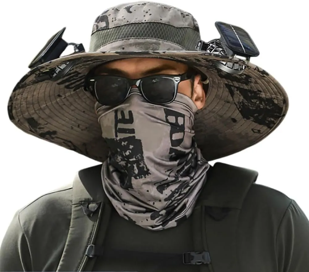 Outdoor Wide Brim Sun Hat with 1/2 Solar Fan, USB & Solar Powered Solar Powered Fan Hat for Garden Fishing Hiking