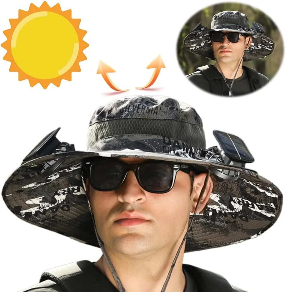 Outdoor Wide Brim Sun Hat with 2 Solar Fan Sun Bucket Hat for Men Women, UPF 50  Removable & USB Charging Fan