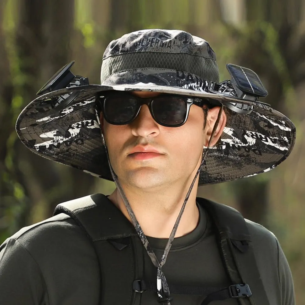 Outdoor Wide Brim Sun Hat with 2 Solar Fan Sun Bucket Hat for Men Women, UPF 50  Removable & USB Charging Fan