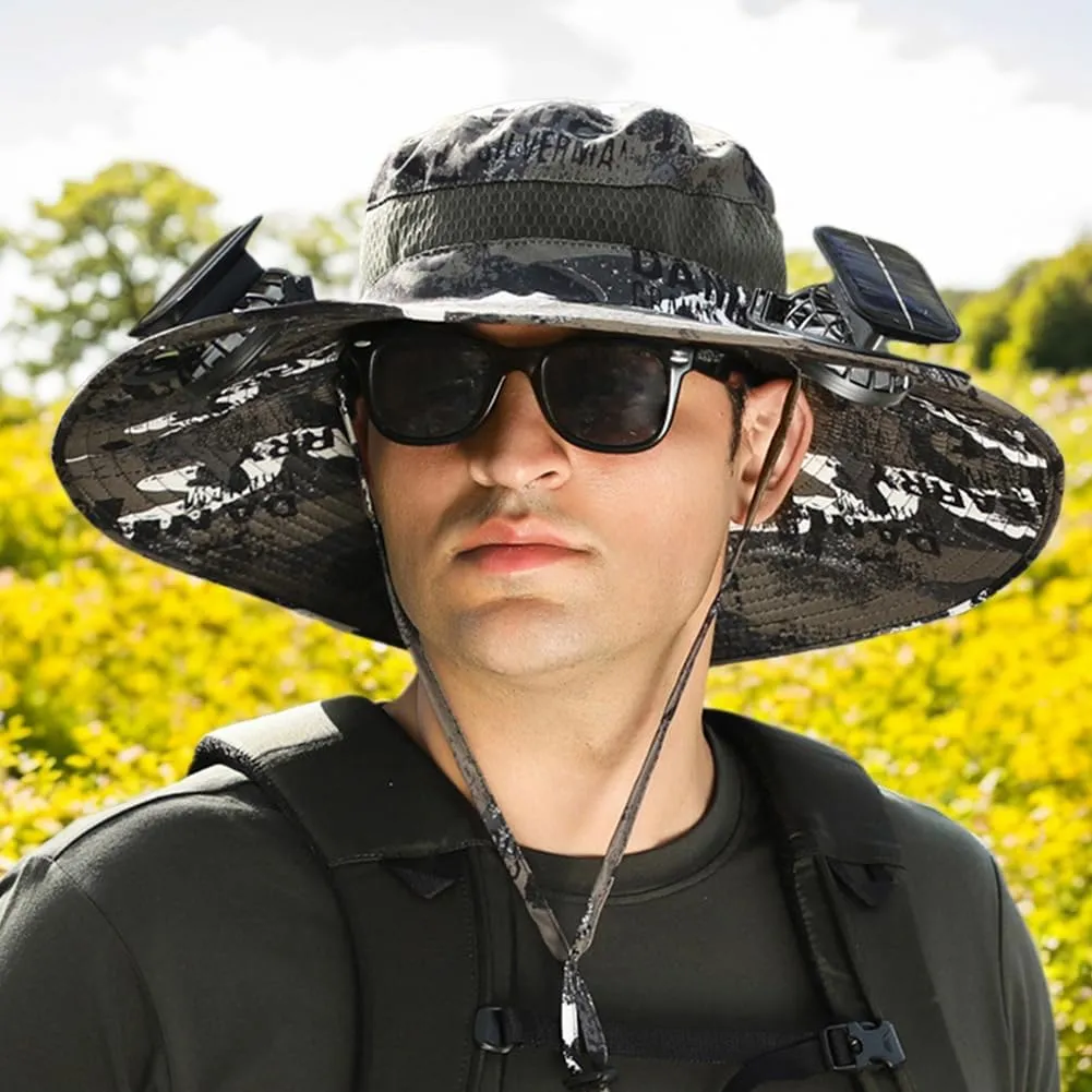 Outdoor Wide Brim Sun Hat with 2 Solar Fan Sun Bucket Hat for Men Women, UPF 50  Removable & USB Charging Fan
