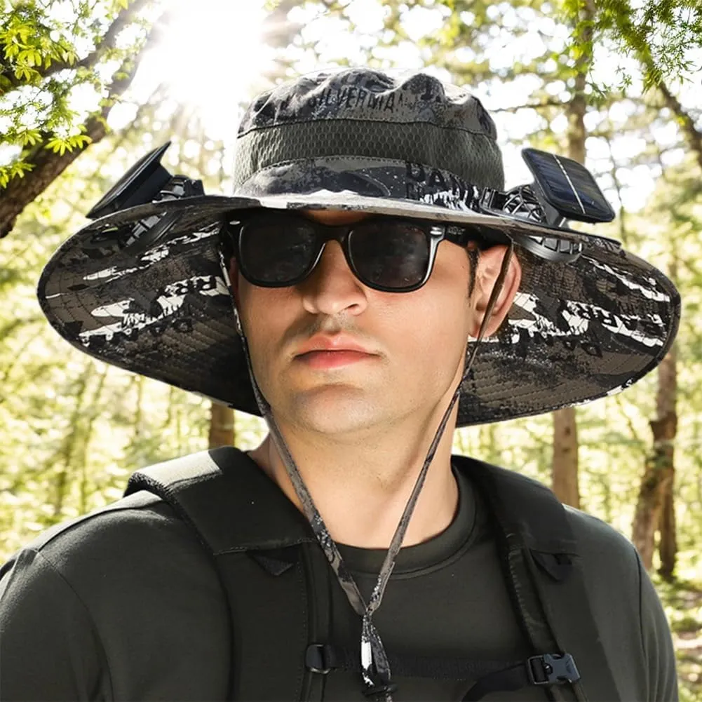 Outdoor Wide Brim Sun Hat with 2 Solar Fan Sun Bucket Hat for Men Women, UPF 50  Removable & USB Charging Fan