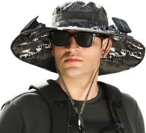 Outdoor Wide Brim Sun Hat with 2 Solar Fan Sun Bucket Hat for Men Women, UPF 50  Removable & USB Charging Fan