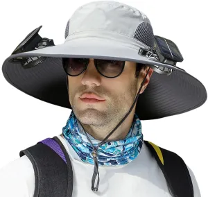 Outdoor Wide Brim Sun Hat with 2 Solar Fan Sun Bucket Hat for Men Women,Solar with Built in Fan UPF 50  Outdoor