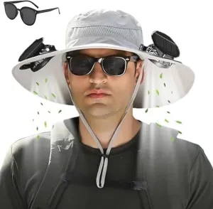 Outdoor Wide Brim Sun Hat with 2 Solar Fan Sun Glasses Sun Bucket Hat UPF 50  Fishing & Beach Hat with Fan Built in Solar Powered Fan Hat, Gy1,One Size