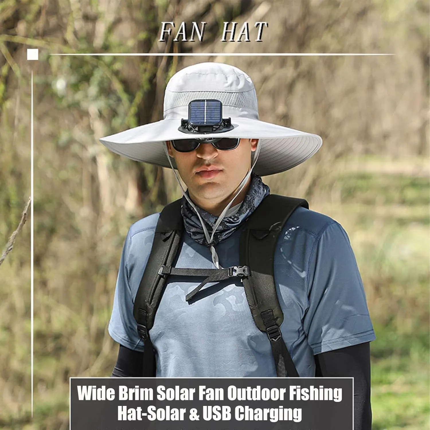 Outdoor Wide Brim Sun Hat with Solar Fan, Wide Brim Solar Fan Outdoor Fishing Hat-Solar & USB Charging