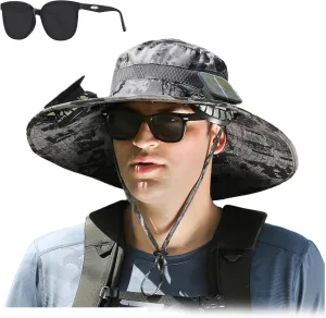 Outdoor Wide Brim Sun Hat with Solar Fan, Wide Brim Solar Fan Outdoor Fishing Hat-Solar & USB Charging