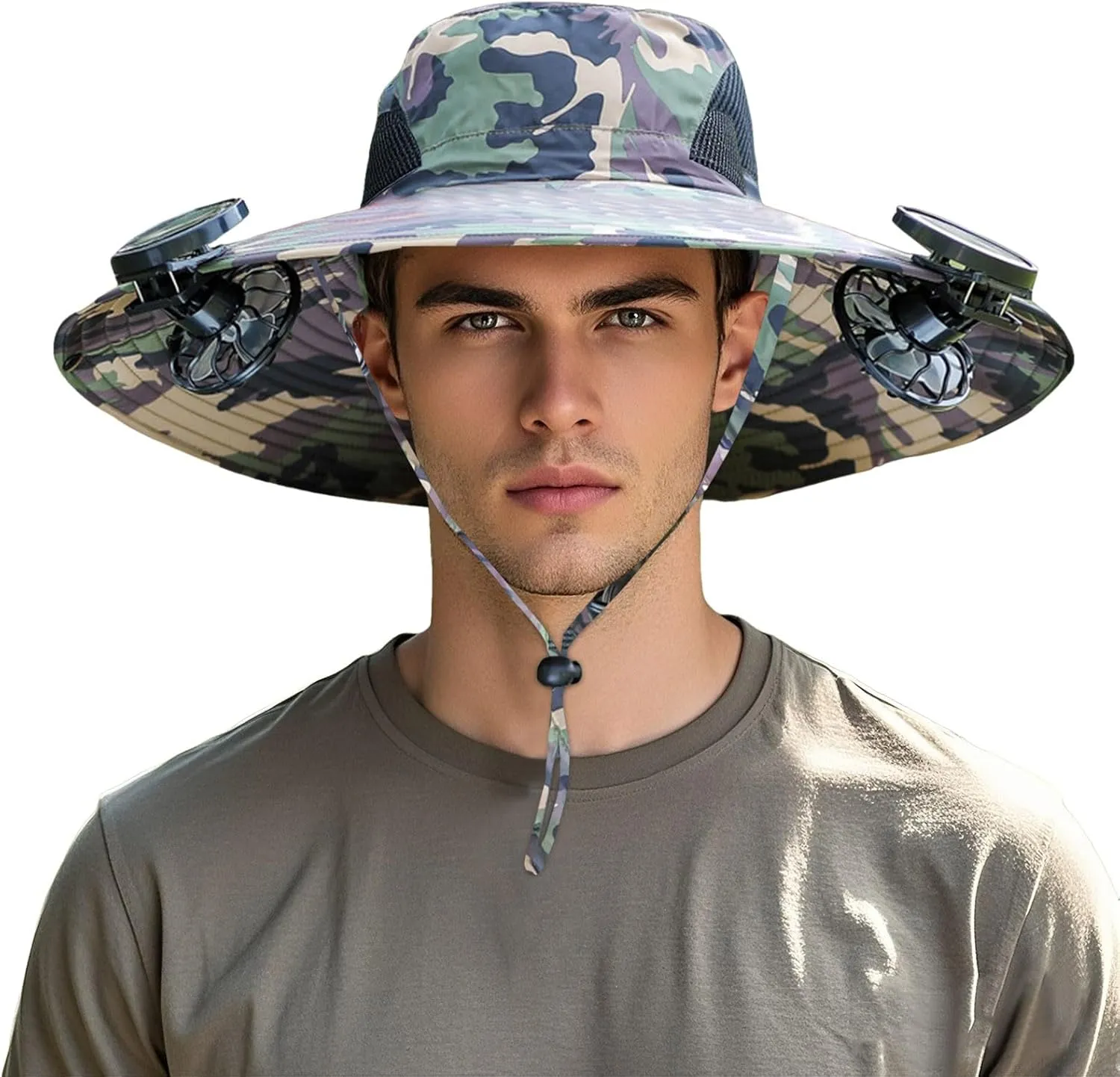 Outdoor Wide Brim Sun Hat with Solar Fan,UPF 50  Sun Hat with 2 Solar Fan Power,Removable USB Charging Fan,Fishing Bucket Hat